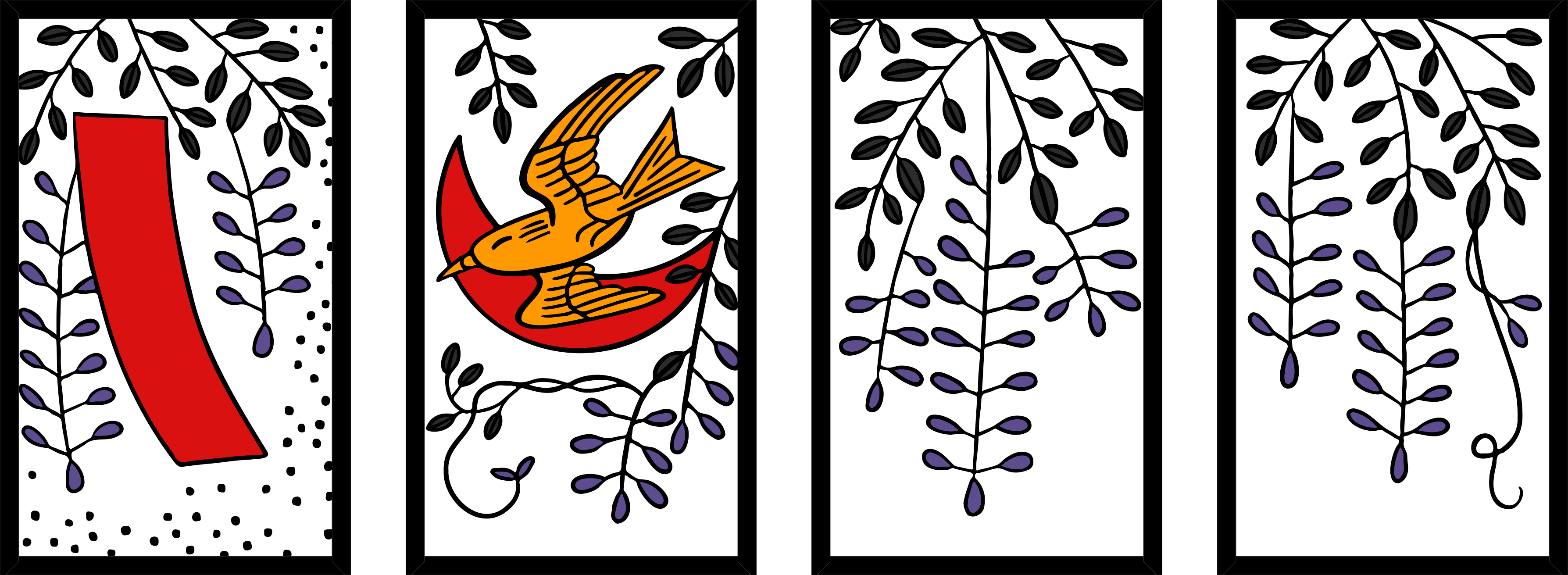 Four hanafuda cards, each with wisteria plants