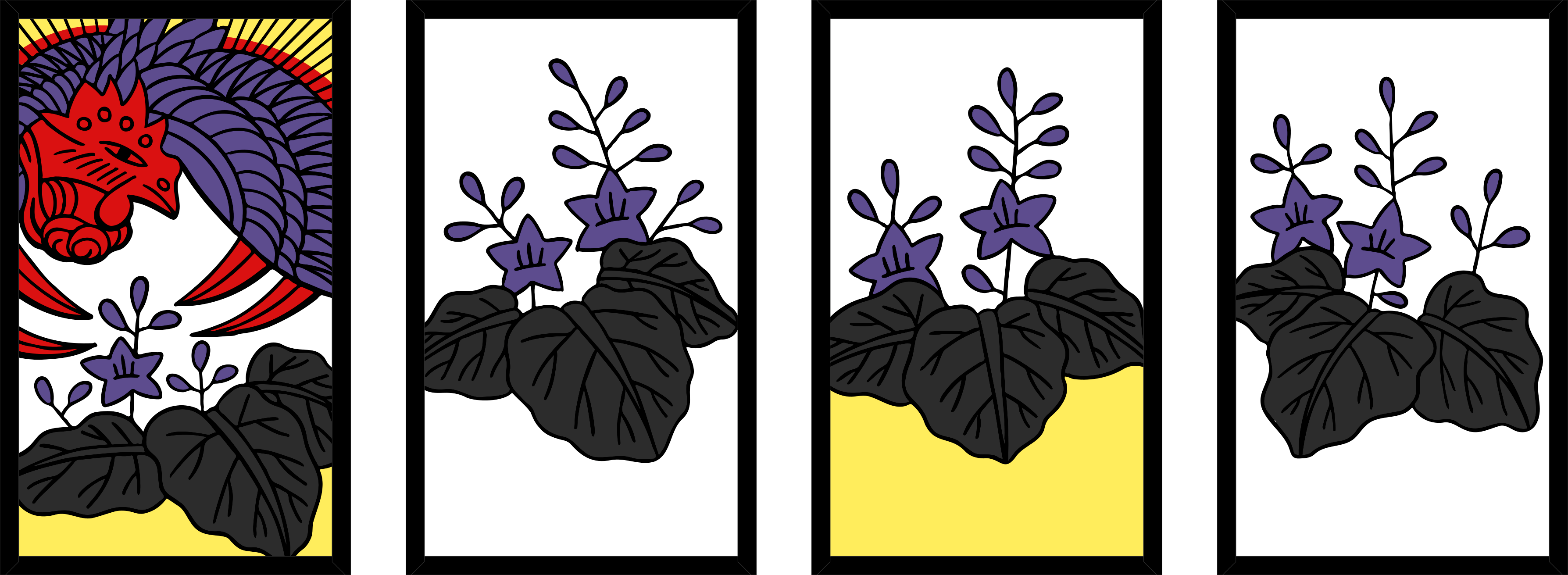 Four hanafuda cards, each with pawlownia plants