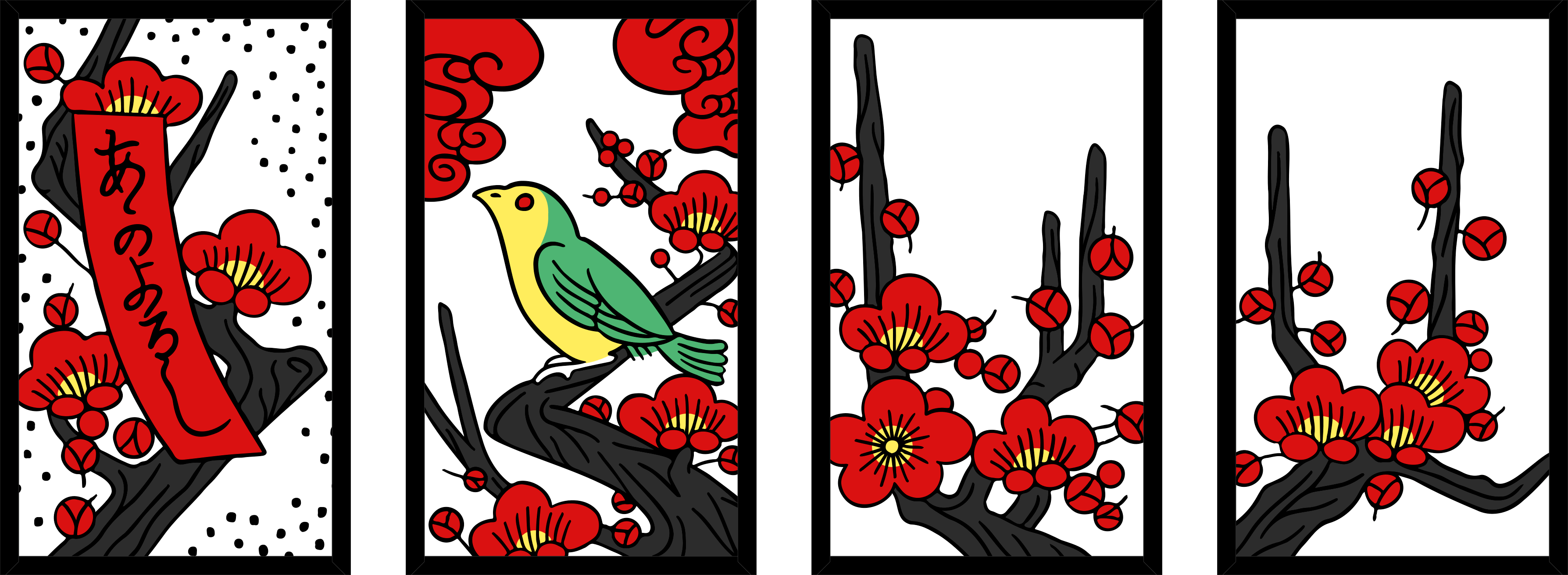 Four hanafuda cards, each with plum blossom plants