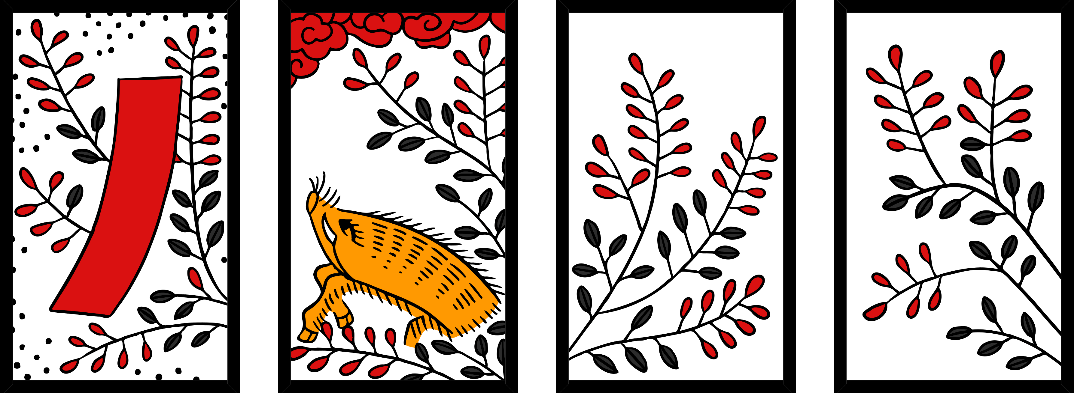 Four hanafuda cards, each with bush clover plants