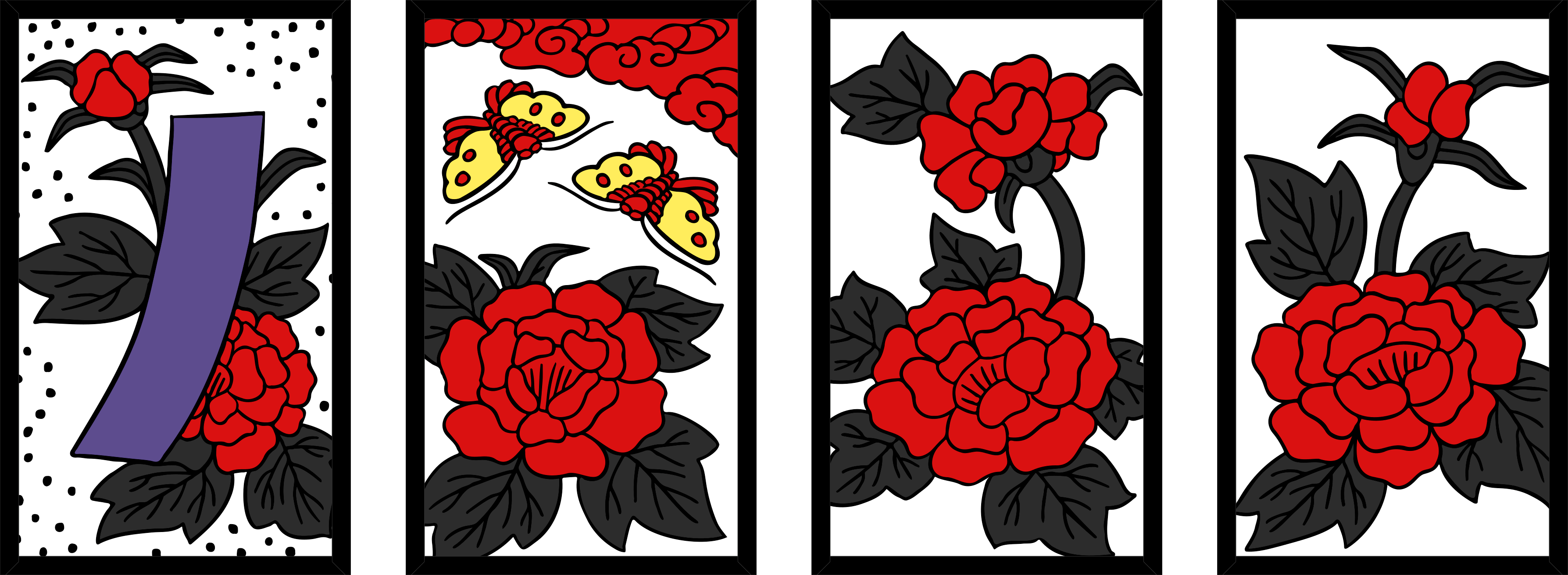 Four hanafuda cards, each with peony plants