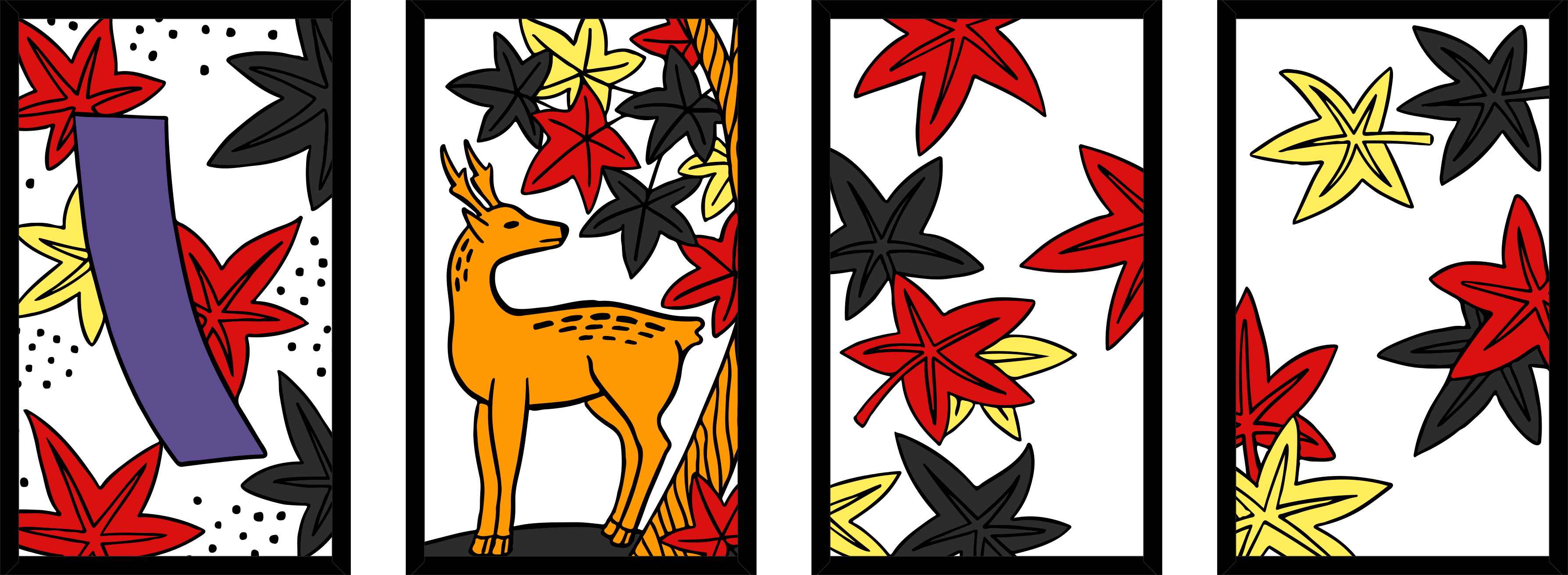Four hanafuda cards, each with maple plants