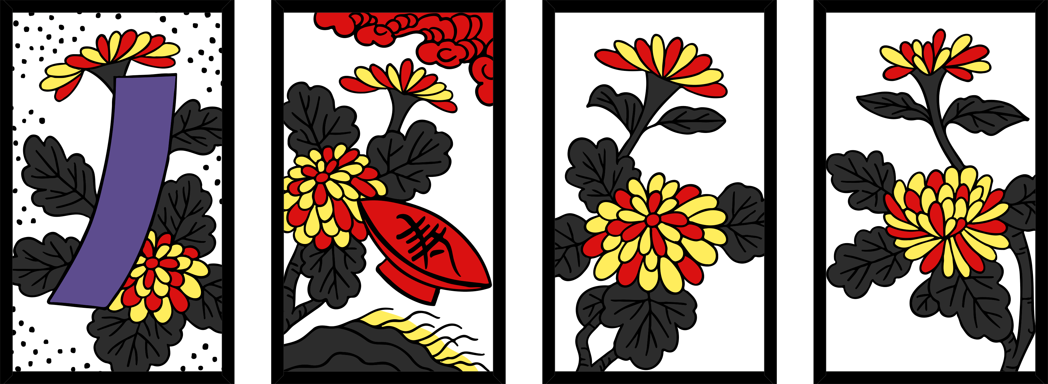 Four hanafuda cards, each with chrysanthemum plants