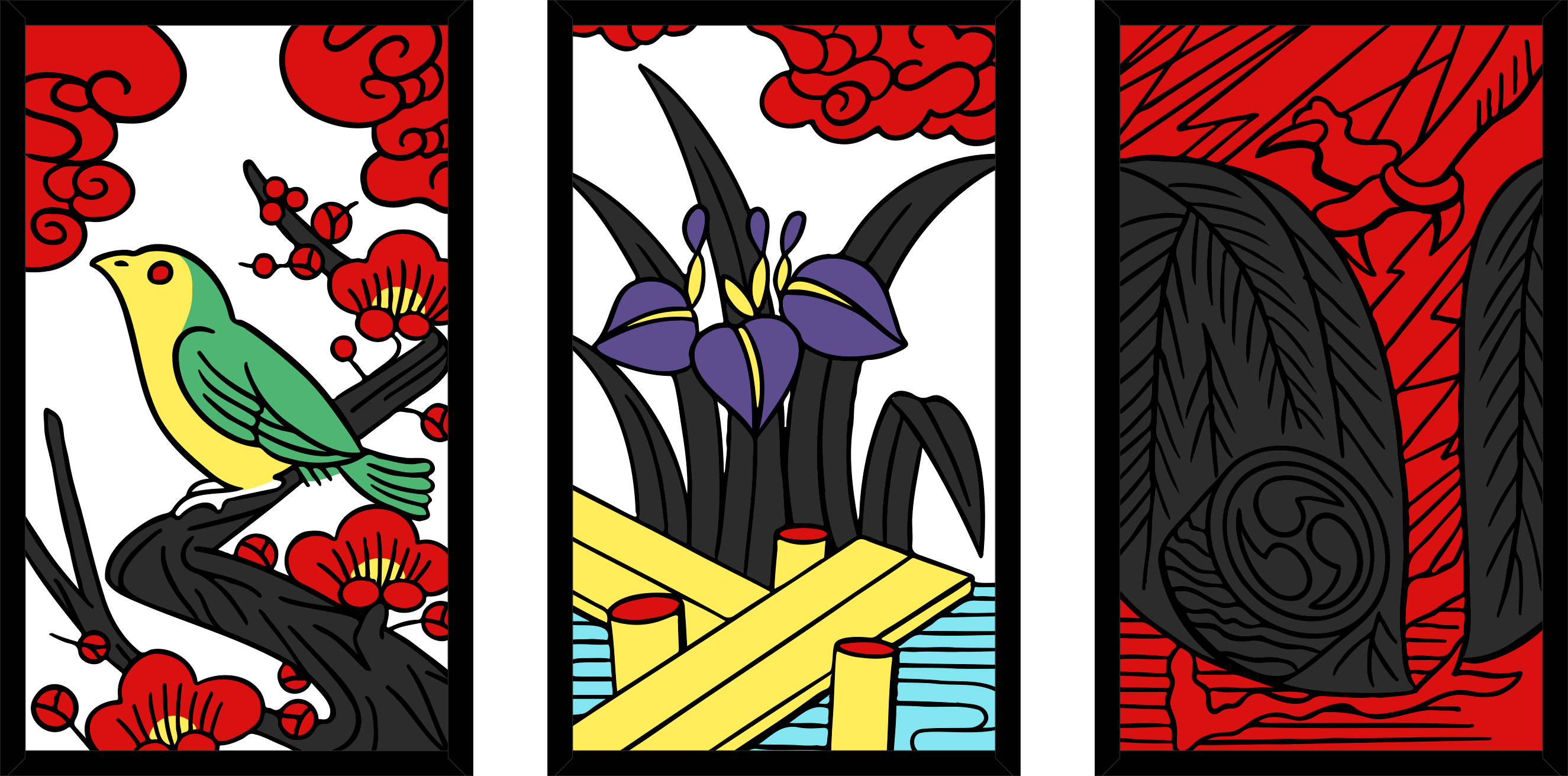 Three hanafuda cards: the Bush Warbler, the Eight-Plank Bridge, and the Lightning