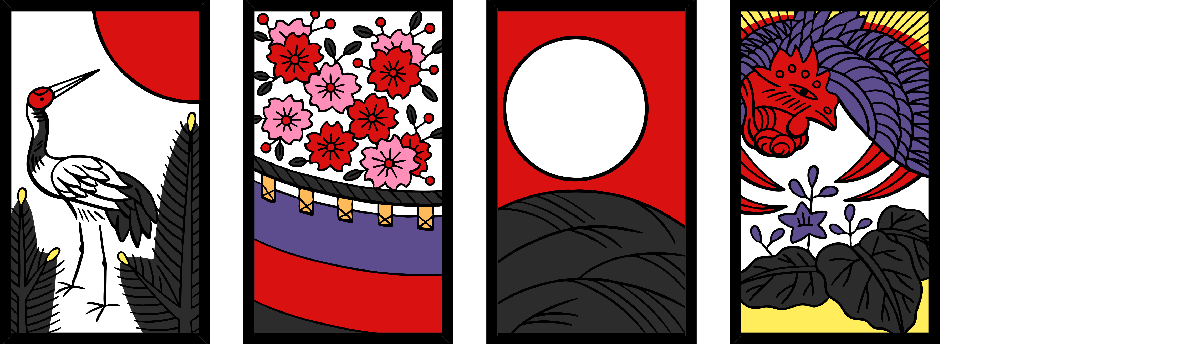 Four hanafuda cards: the Crane, the Curtain, the Moon, and the Dragon