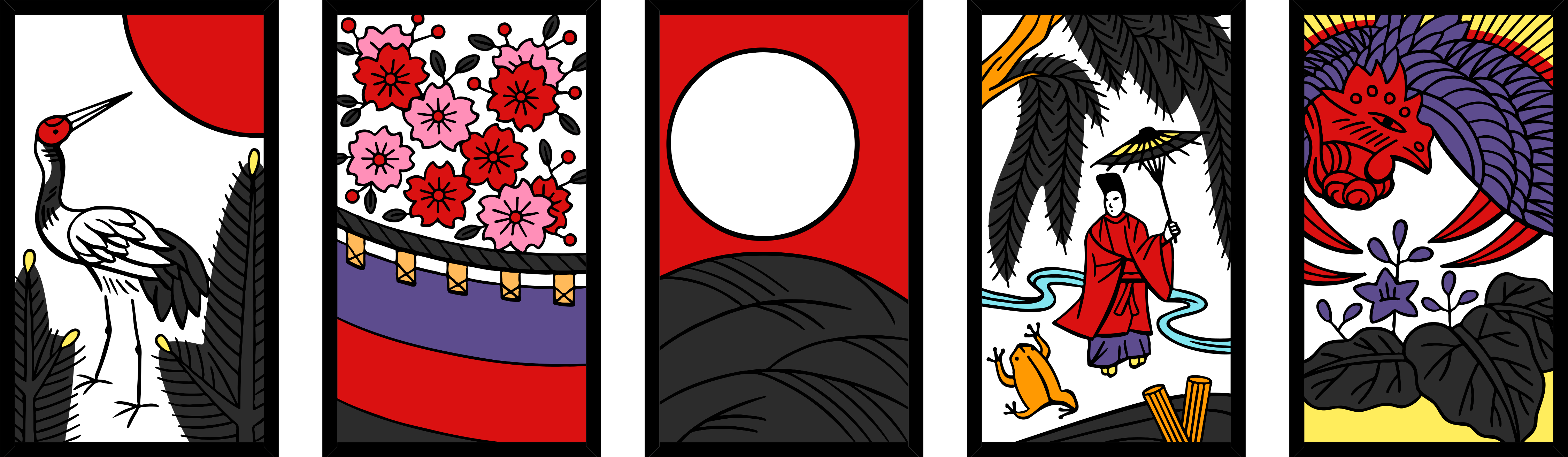 Five hanafuda cards: the Crane, the Curtain, the Moon, the Rain, and the Dragon