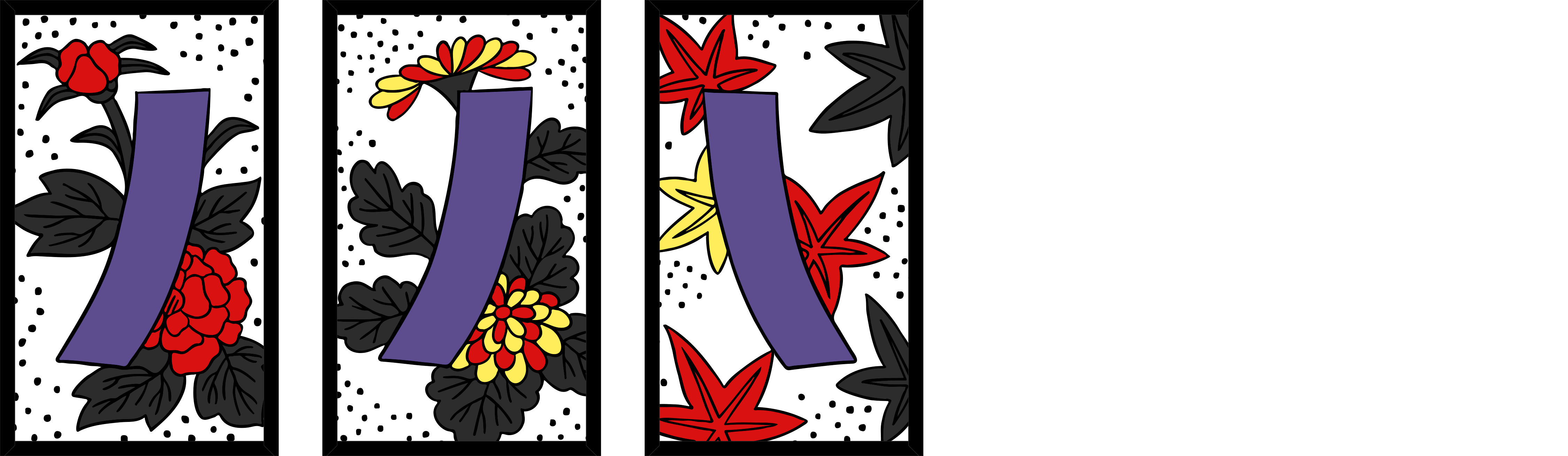 Three hanafuda cards, each with blue poetry slips behind various plants
