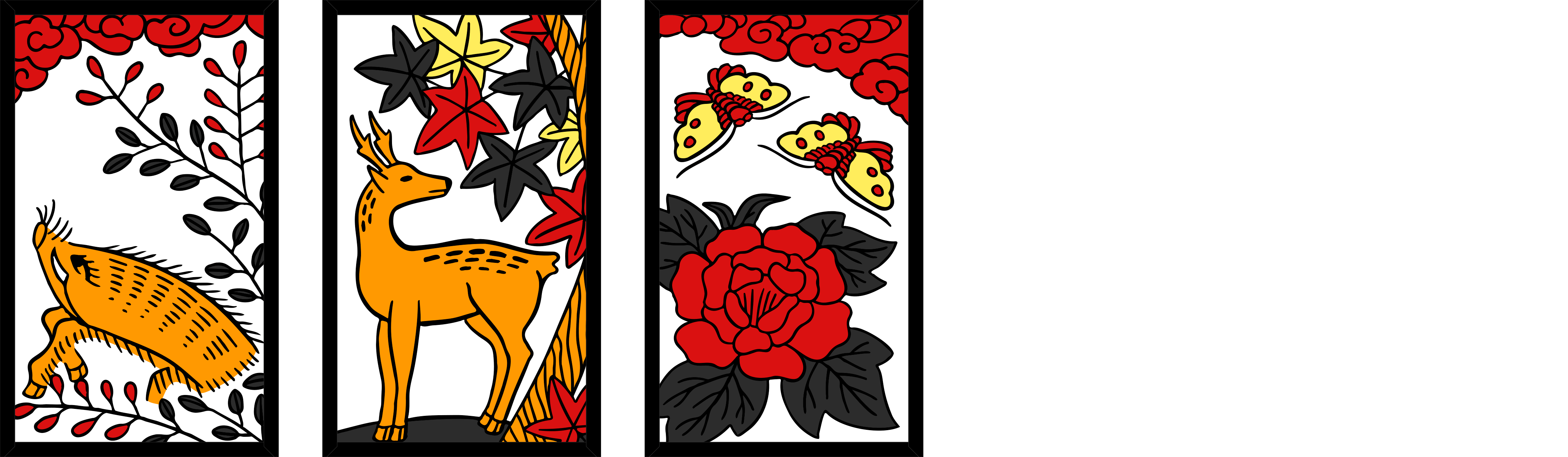 Three hanafuda cards, one with a Boar, one with a Deer, and one with Butterflies behind various plants