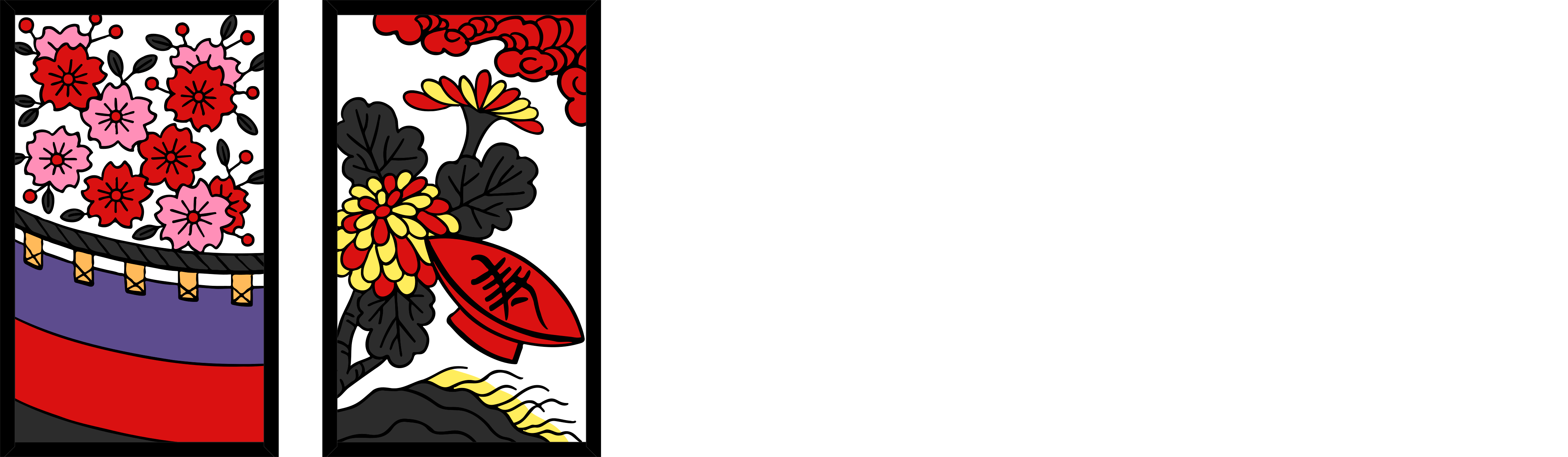 Two hanafuda cards, the Curtain, and the Sake cup