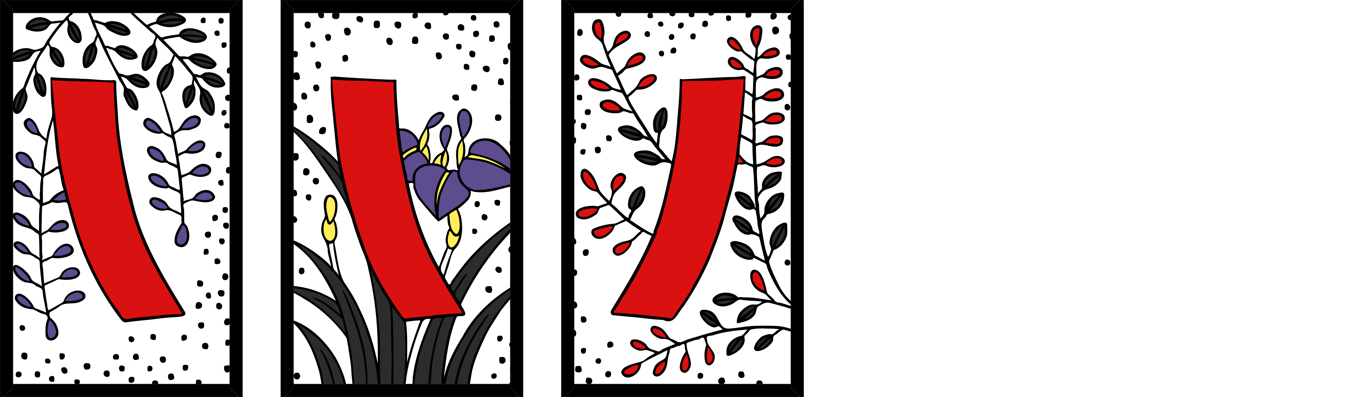 Three hanafuda cards, each with red poetry slips without writing behind various plants