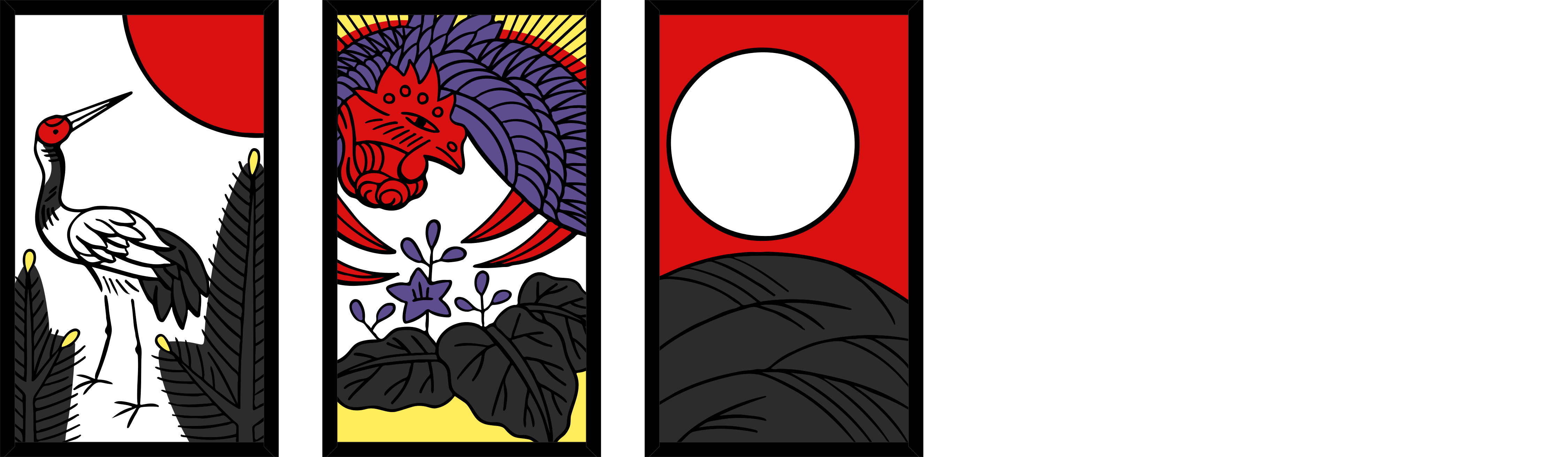 Three hanafuda cards: the Crane, the Dragon, and the Moon