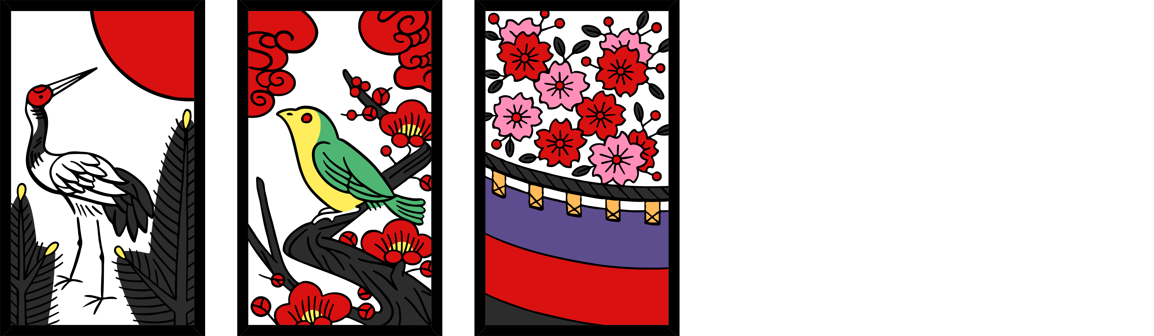 Three hanafuda cards: the Crane, the Bush Warbler, and the Curtain