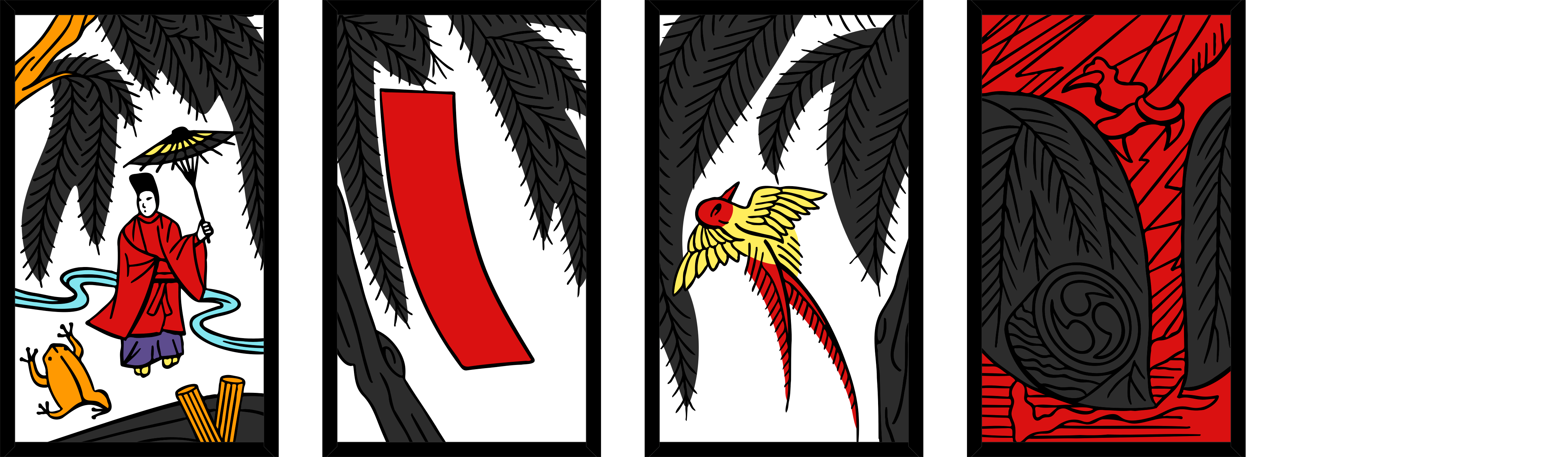 Four hanafuda cards, each with willow plants
