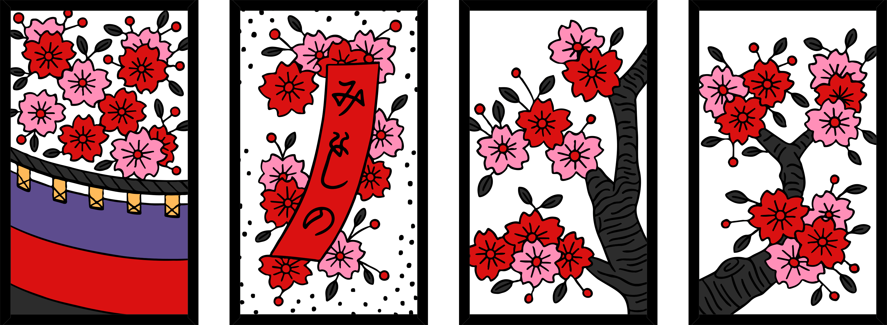 Four hanafuda cards, each with cherry blossom plants