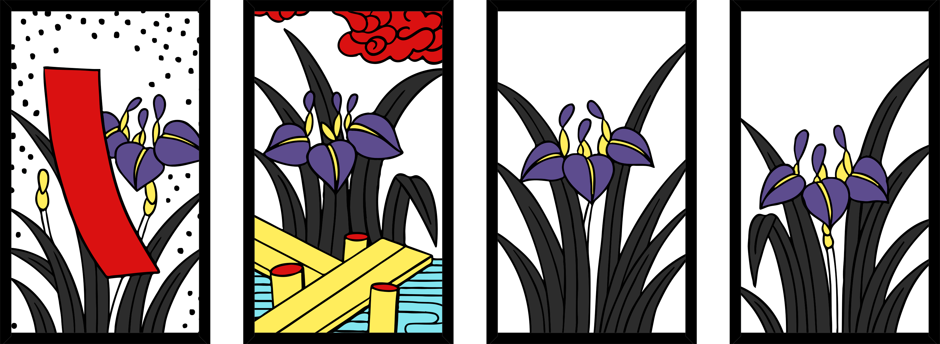 Four hanafuda cards, each with iris plants