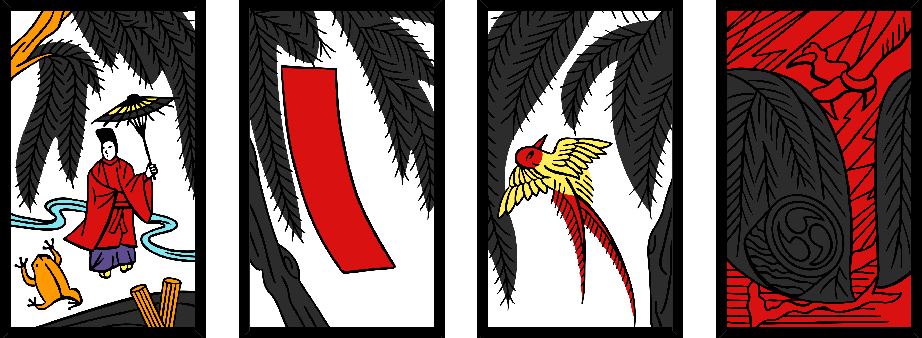 Four hanafuda cards, each with willow plants