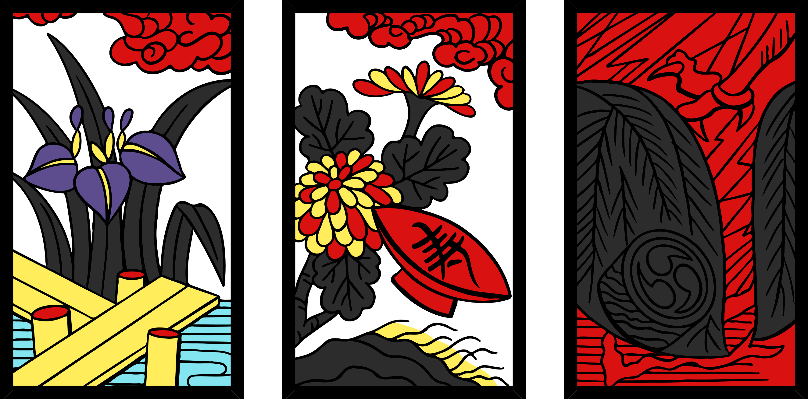 Three hanafuda cards: the Eight-Plank Bridge, the Sake Cup, and the Lightning
