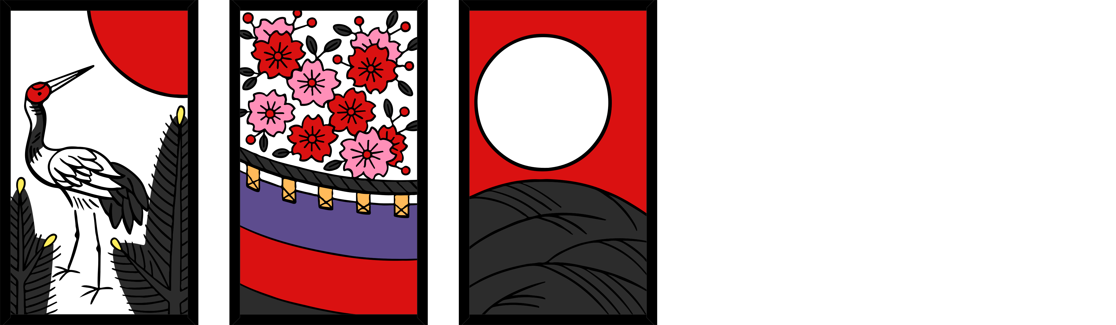 Three hanafuda cards: the Crane, the Curtain, and the Moon