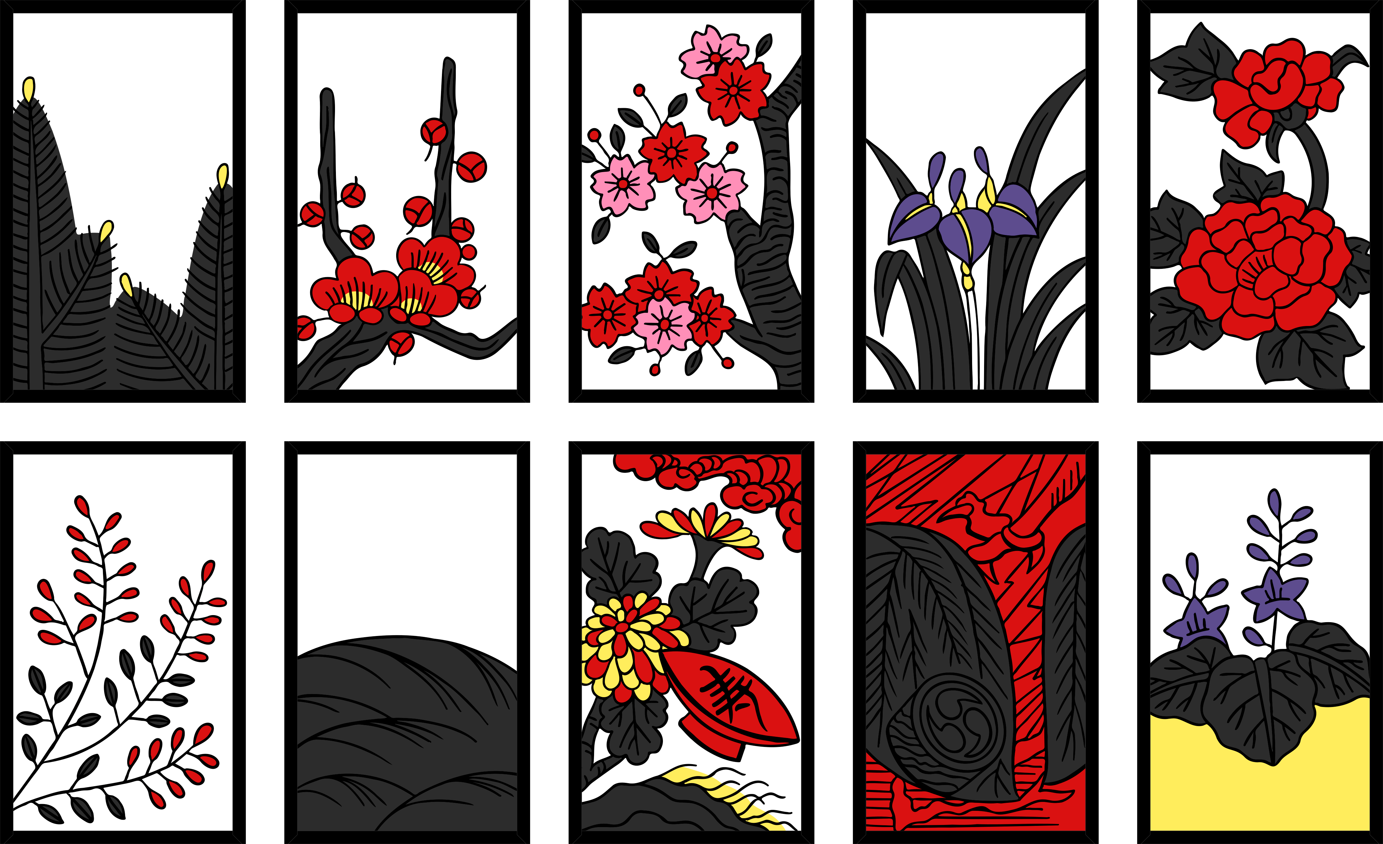 Ten hanafuda cards, each with various plants