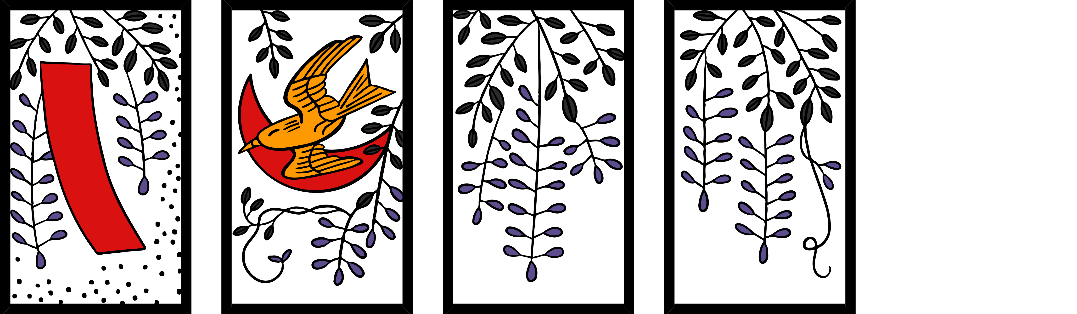 Four hanafuda cards, each with the same plant: the wisteria