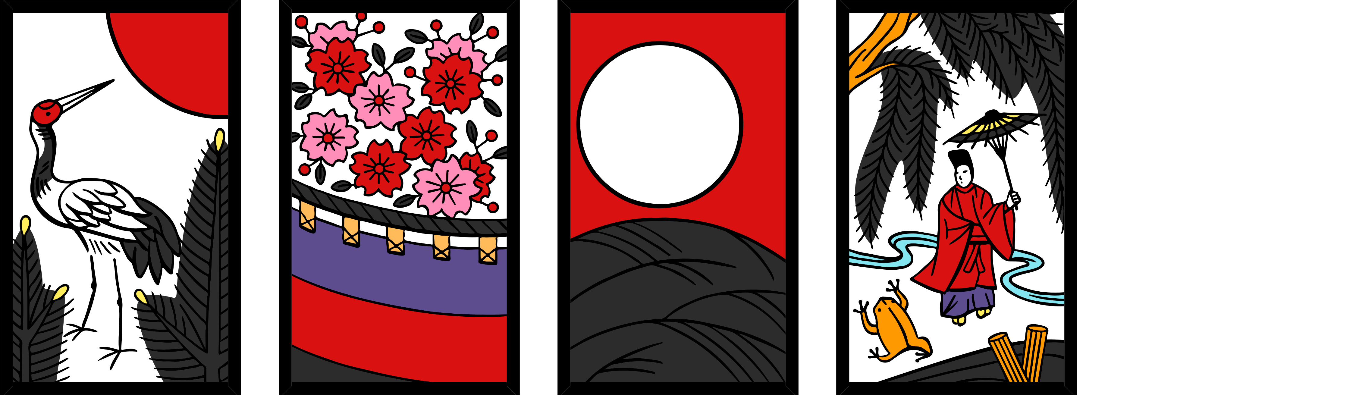 Four hanafuda cards: the Crane, the Curtain, the Moon, and the Rain